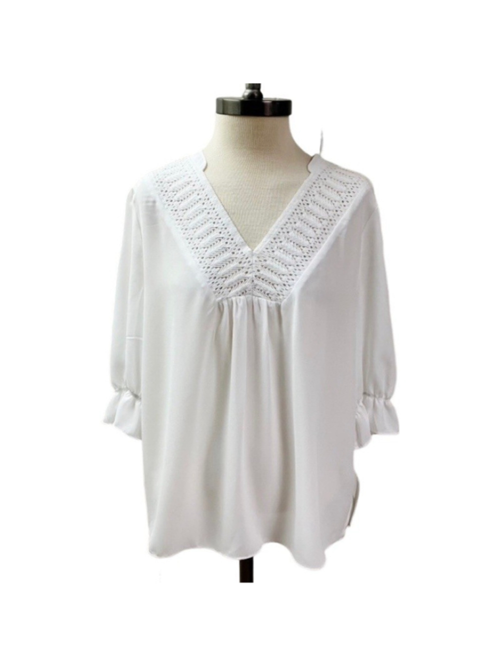 NWT ZAC & RACHEL Crochet Neckline Blouse LARGE White Ruffle Cuffs Summer Boho